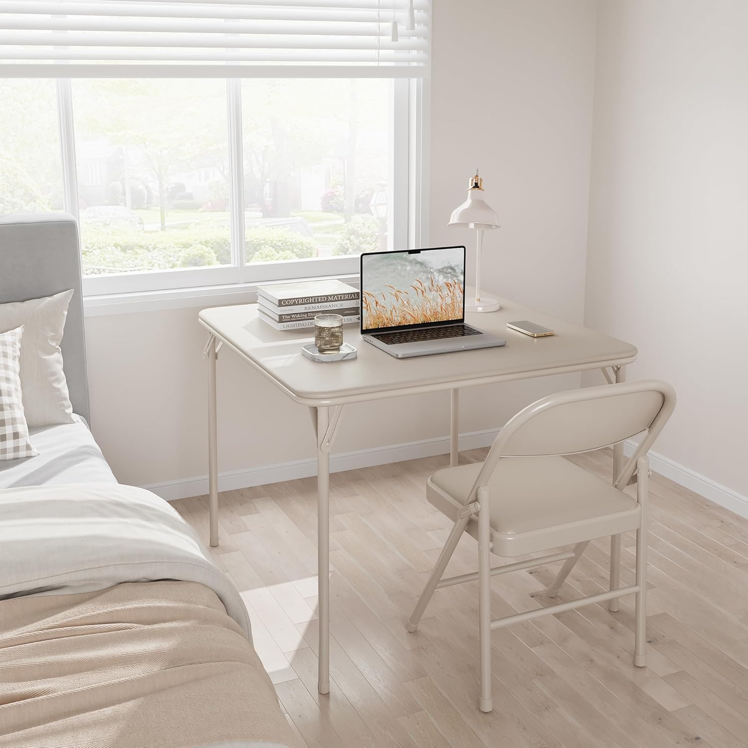 IDEALHOUSE Mesa plegable, mesa plegable portátil de 33.6 pulgadas, mesa plegable de metal beige con cojín suave de poliuretano, adecuada para sala