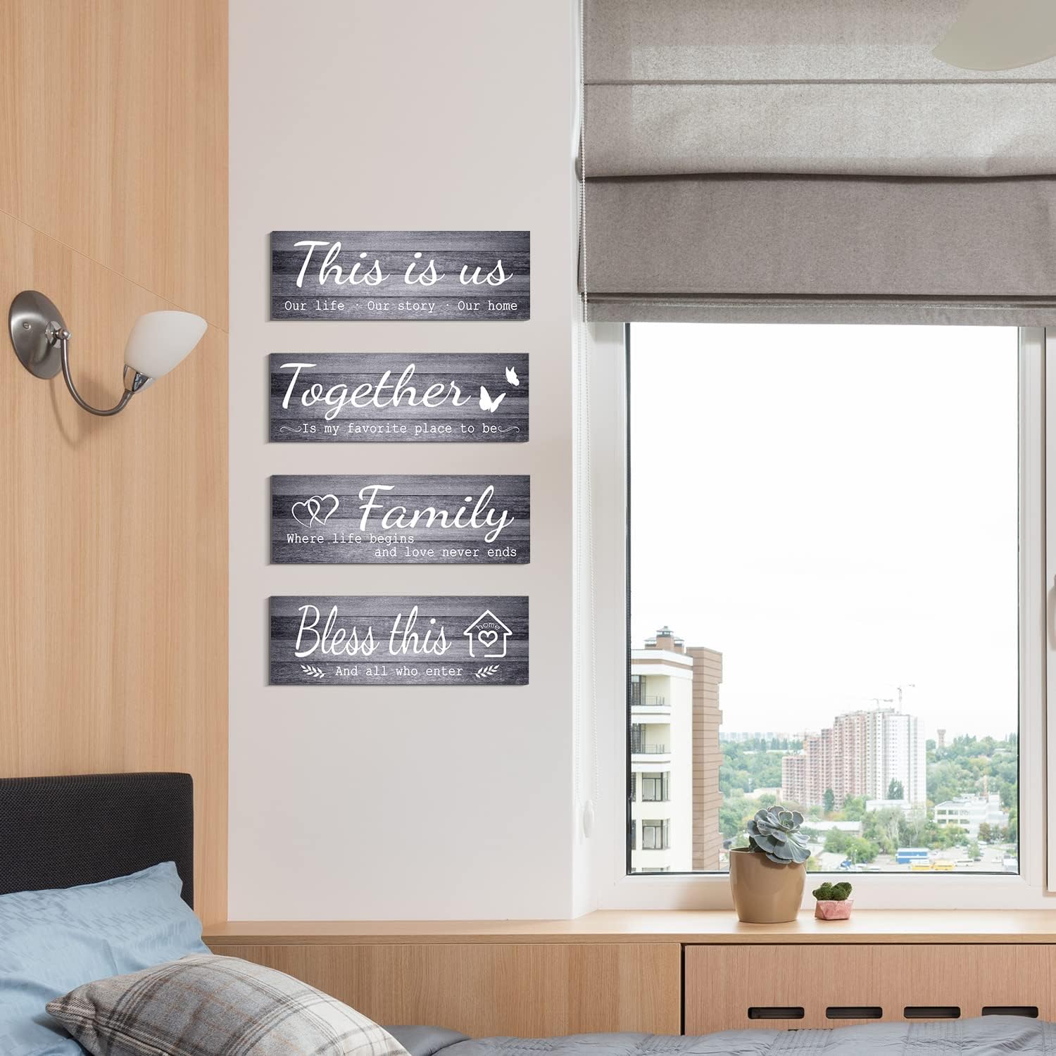 COLOR VALLEY ART 4 carteles grises para decoración de pared para el hogar, This is UsTogetherBless This HomeFamily Wooden Wall Hanging, decoración
