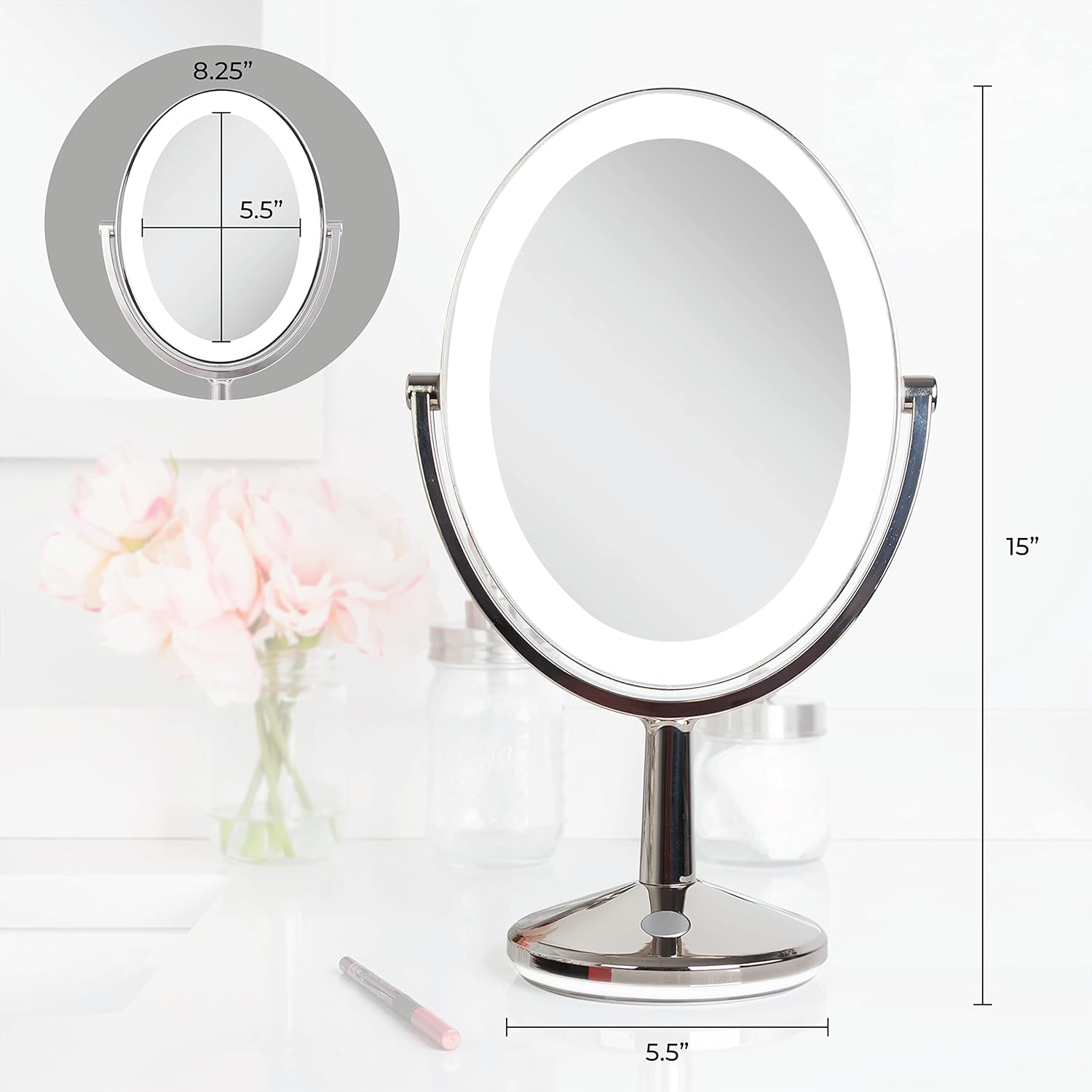 Zadro 9″ Oval Cordless LED Lighted Makeup Mirror with Magnification 5X1X Touch Pad Makeup Mirror with Lights USB Port