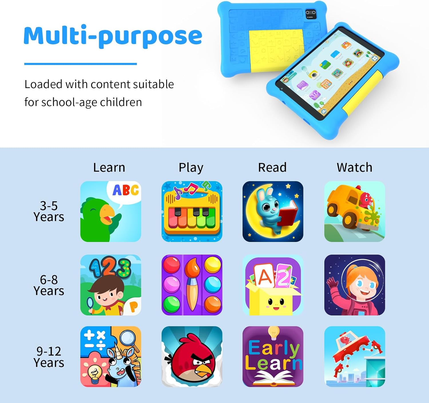 Tablet infantil de 7 pulgadas para niños Android 12 con funda, WiFi, Bluetooth, modo de control parental, cámara dual, protección ocular, tableta de