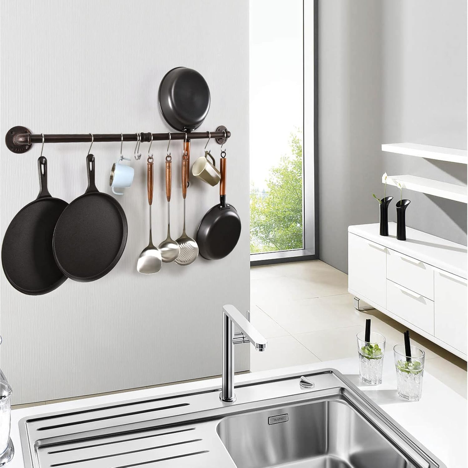Estante para ollas de tubería, soporte industrial para tapa de utensilios de cocina, organizador de cocina, barra colgante con ganchos en S (36