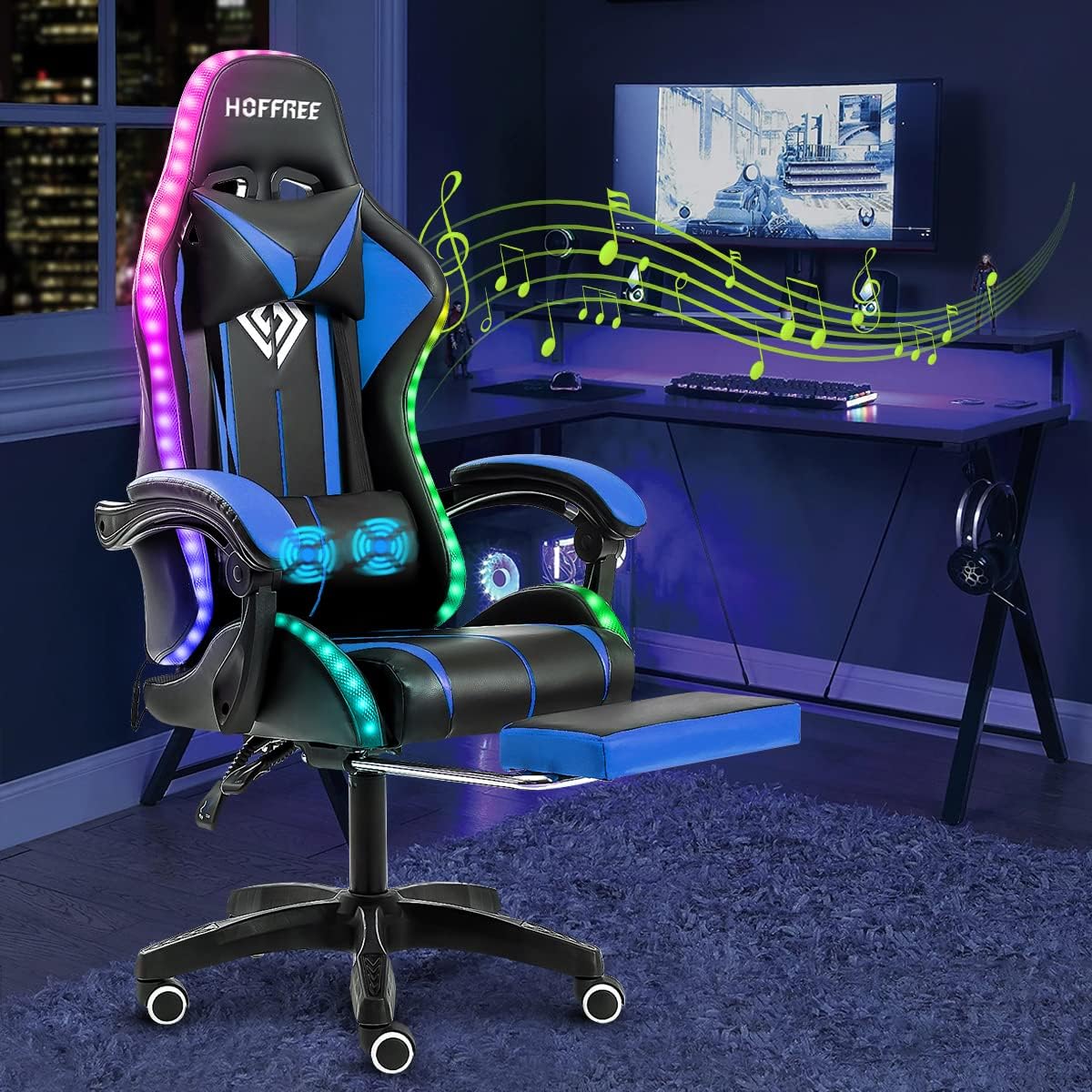 HOFFREE Silla de juegos con masaje y luces LED, silla ergonómica para juegos de computadora con reposapiés, silla de videojuegos RGB con respaldo