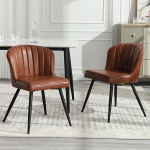 Shuizhi – Juego de 2 sillas de comedor de cuero marrón modernas, sillas de comedor tapizadas con respaldo de conchapatas de metal, sillas laterales Shuizhi – Juego de 2 sillas de comedor de cuero marrón modernas, sillas de comedor tapizadas con respaldo de conchapatas de metal, sillas laterales