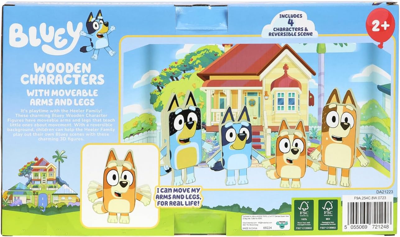 Bluey Figuras de personajes de madera  4 figuras de madera coloridas  Certificado FSC para niños de 3 años en adelante