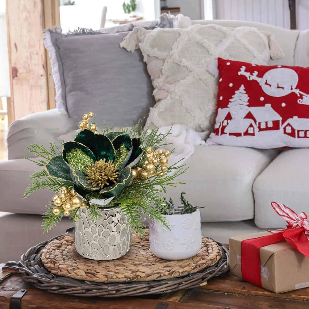 Centro de mesa de Navidad verde de 9 pulgadas, 5 pulgadas, flor de magnolia con purpurina, bayas doradas, abeto, vegetación, centro de mesa
