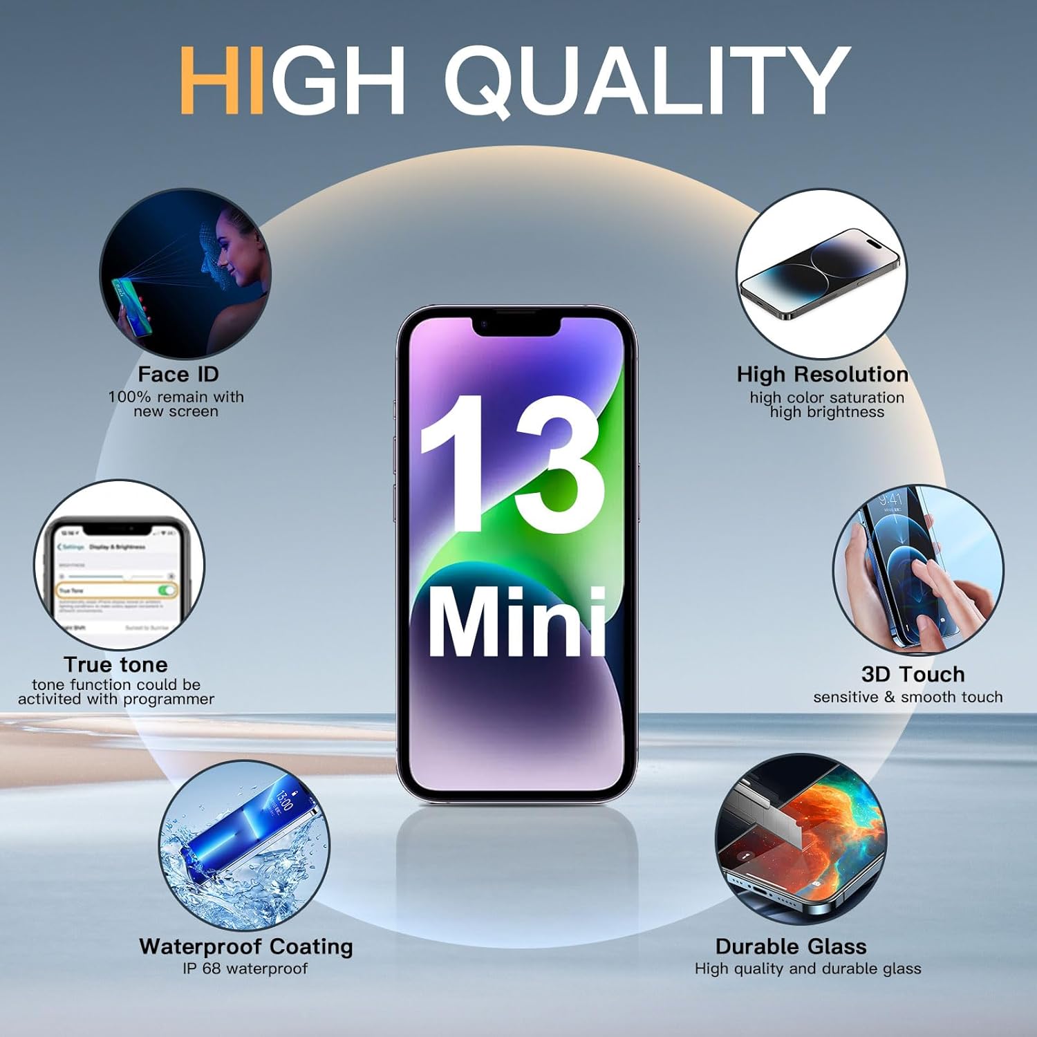 Retina de repuesto para iPhone 13 Mini pantalla táctil 3D de 5.4 pulgadas, pantalla LCD digitalizador con kits de herramientas de reparación, cinta