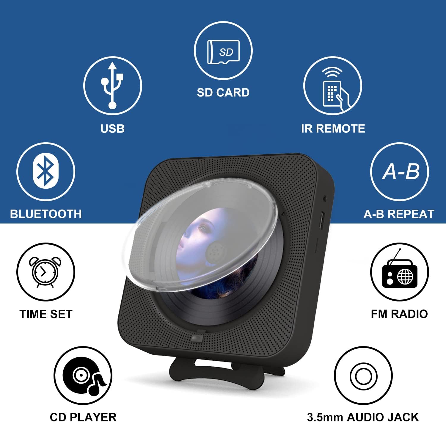 Reproductor de CD portátil con Bluetooth de escritorio para reproductores de música de CD en el hogar con control remoto, temporizador, altavoces