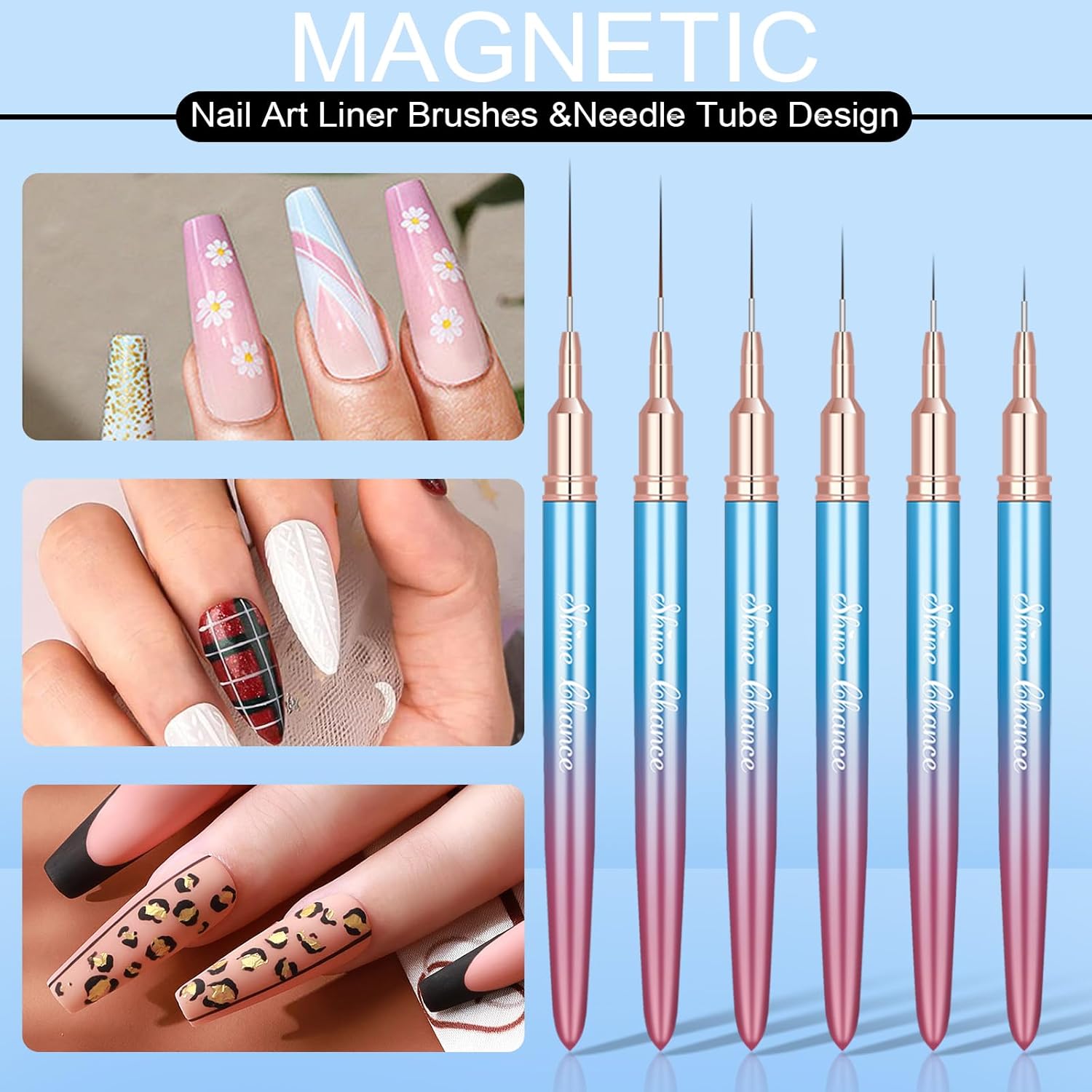 Shince Chance – Juego de pinceles para arte de uñas, 6 pinceles de diseño de uñas para esmalte de gel, dibujo fino, pequeños detalles, pintura de