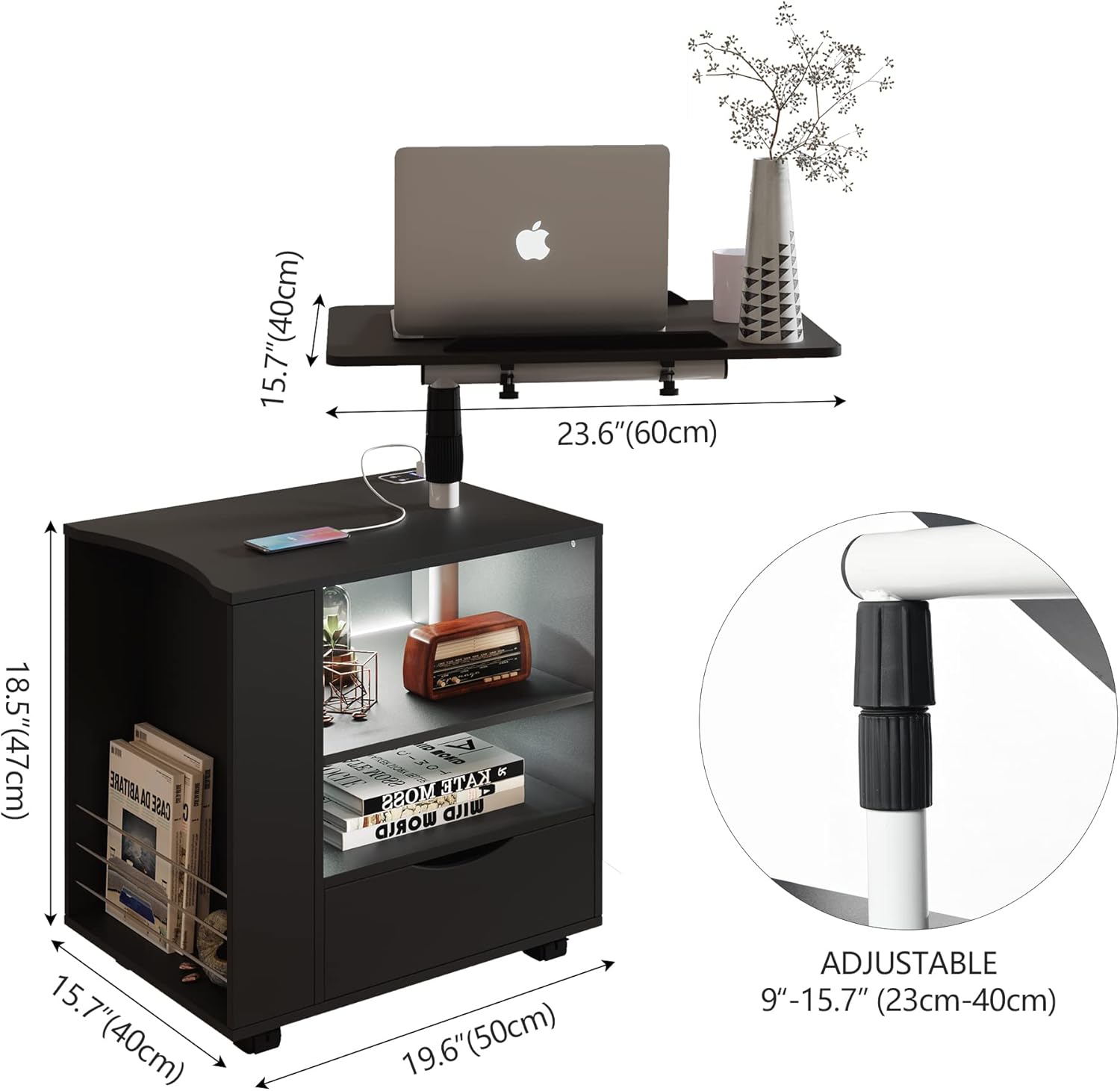 dnbss Juego de 2 mesitas de noche LED, mesa de noche moderna, mesita de noche inteligente con estación de carga USB, cajón de almacenamiento,