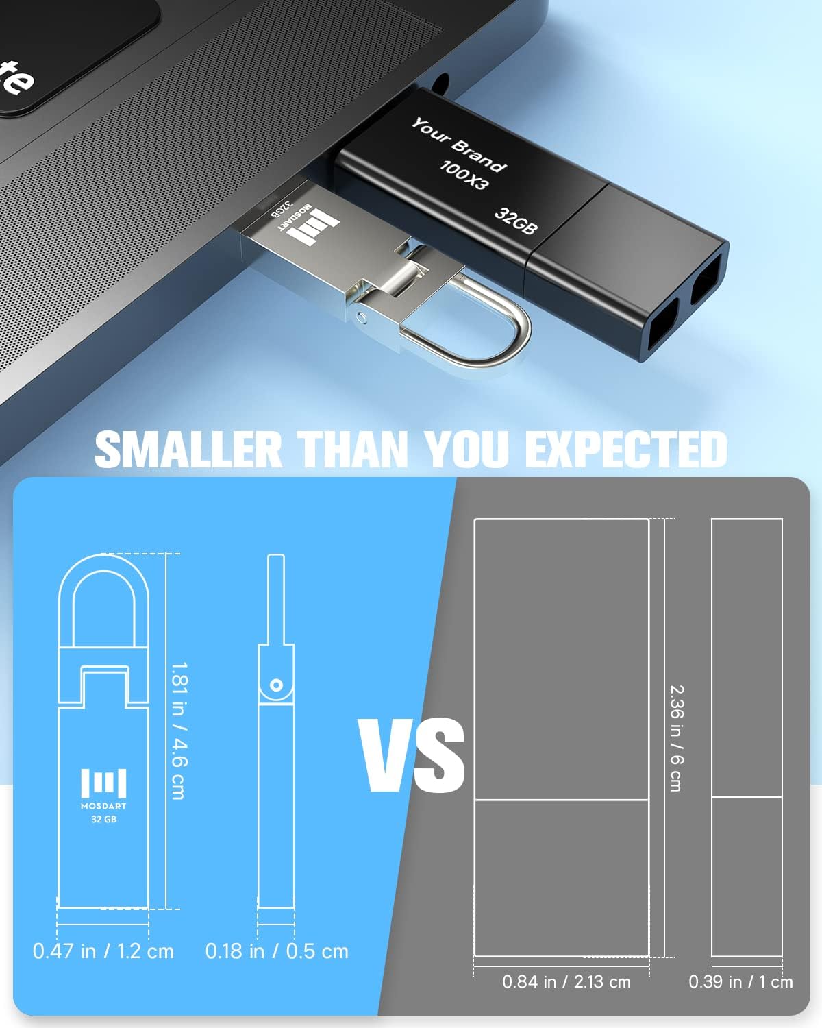 MOSDART Paquete de 5 unidades flash USB 2.0 impermeables de 32 GB con llavero, unidades de pulgar FAT32 de 32 GB, unidad de salto de metal, memoria