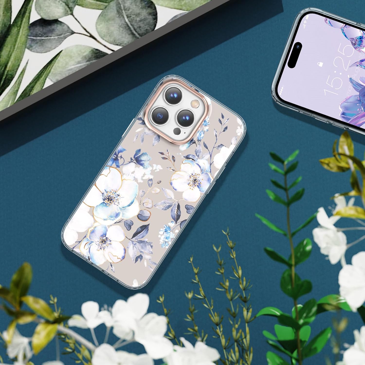 zelaxy Funda compatible con iPhone 15 Pro, TPU suave y flexible, a prueba de golpes, patrones de jardín de flores, funda protectora de cuerpo