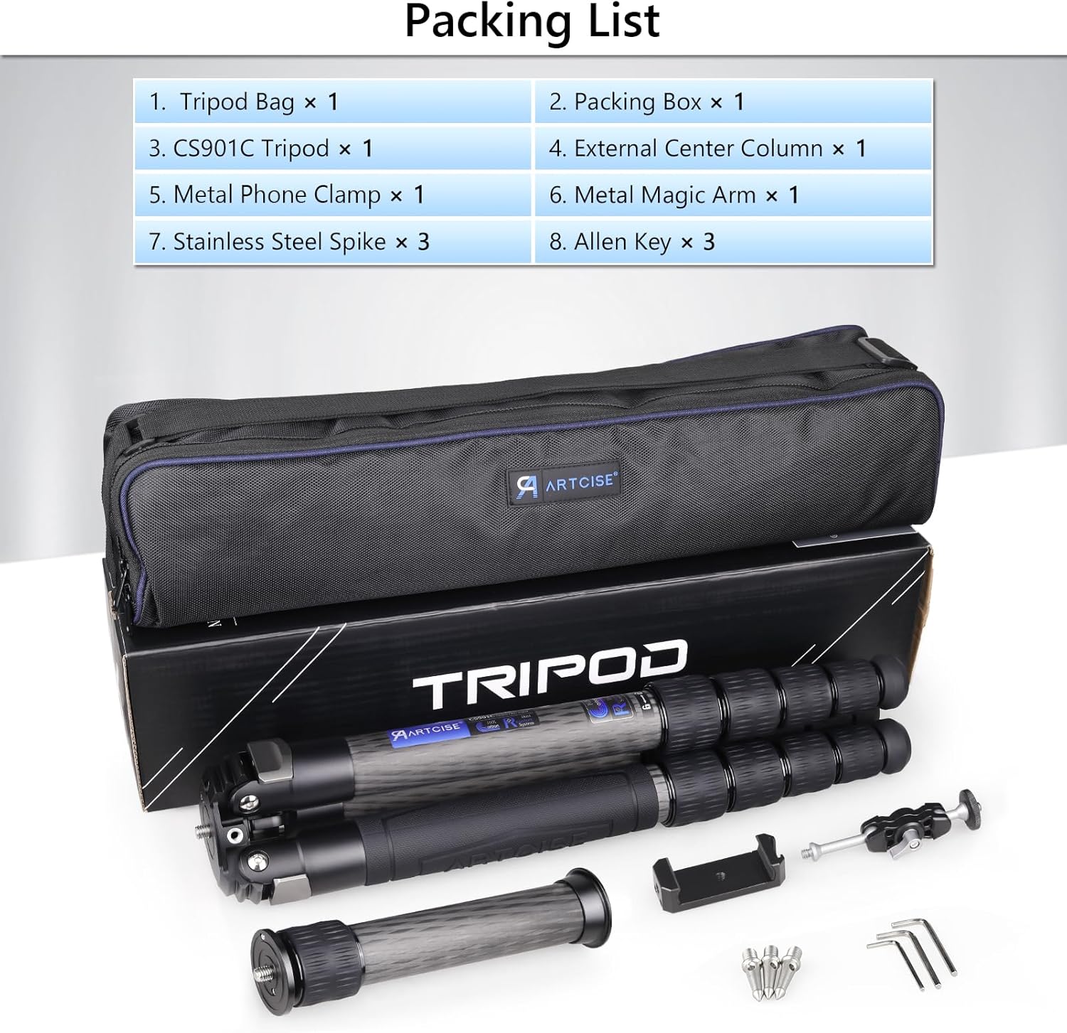 Trípode profesional de fibra de carbono resistente CS901C con columna central externa, monopod desmontable, compacto y ligero, soporte de cámara de