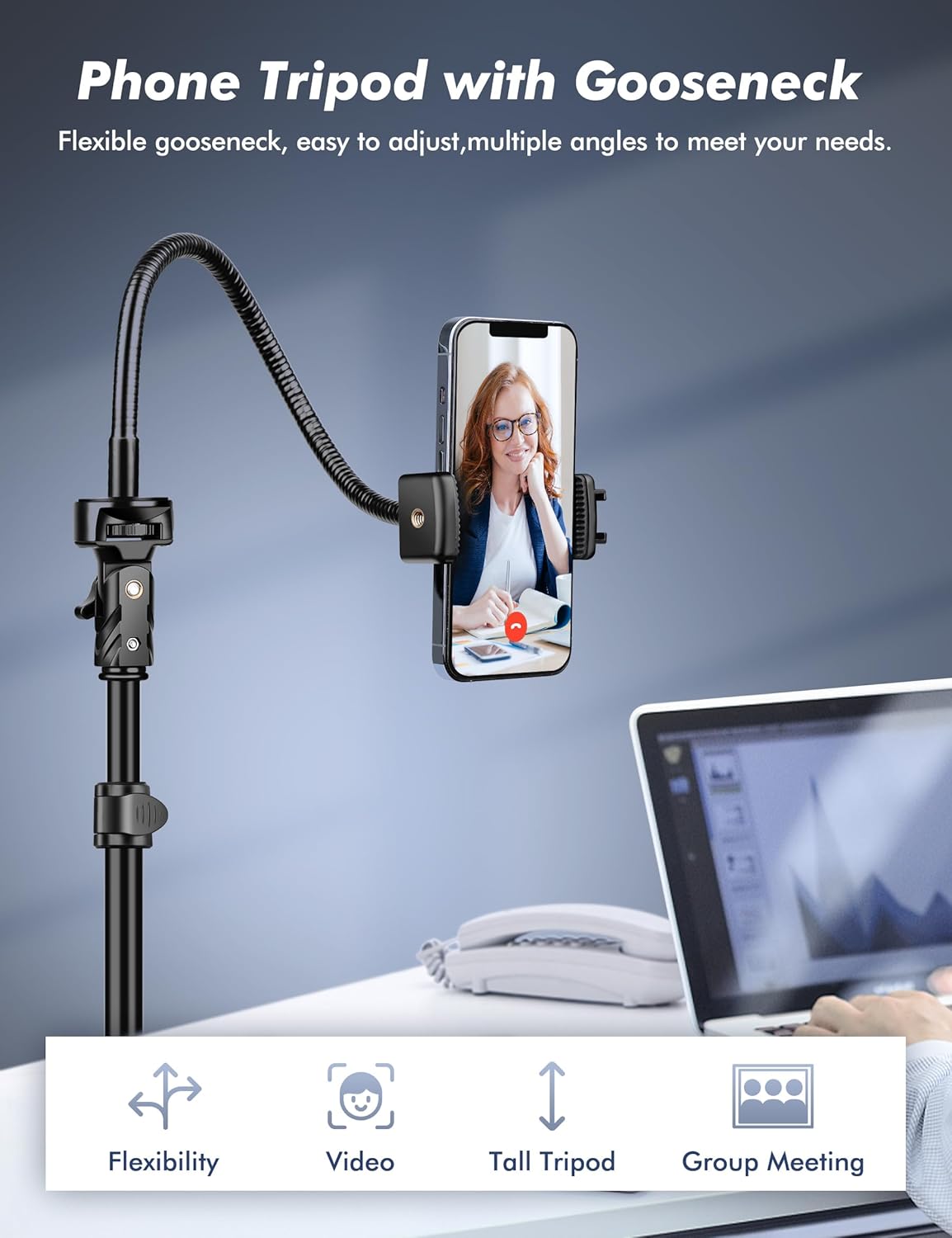 Soporte de trípode para teléfono, trípode para selfie, trípode para teléfono celular de 86.6 pulgadas de alto con cuello de cisne ajustable, trípode