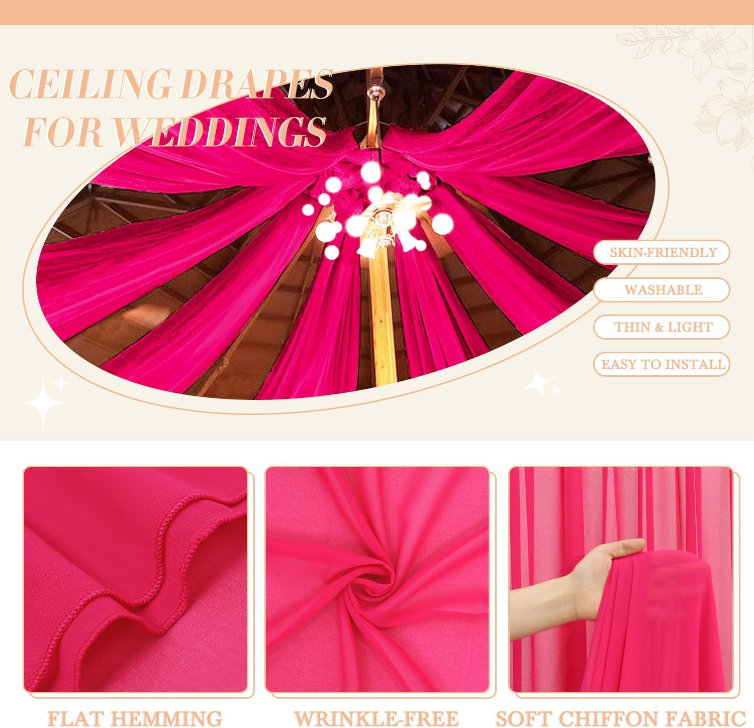 PATYDEST Cortinas de techo para bodas, 5 x 20 pies, tela de gasa rosa intenso para ceremonia de boda, cortinas de techo de tela transparente,