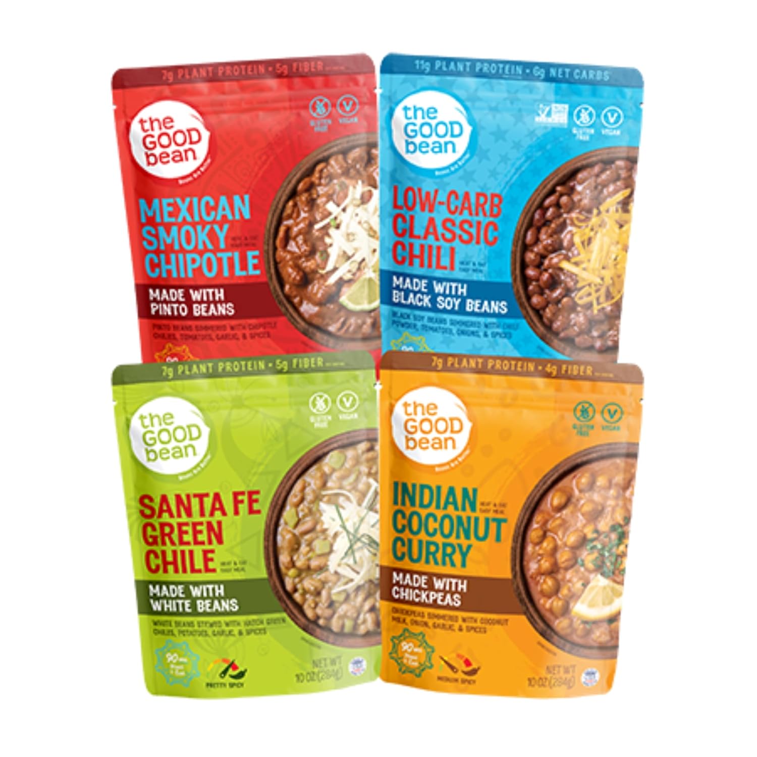 The Good Bean Bolsa para calentar y comer, paquete variado chipotle ahumado mexicano, chile clásico bajo en carbohidratos, chile verde Santa Fe y
