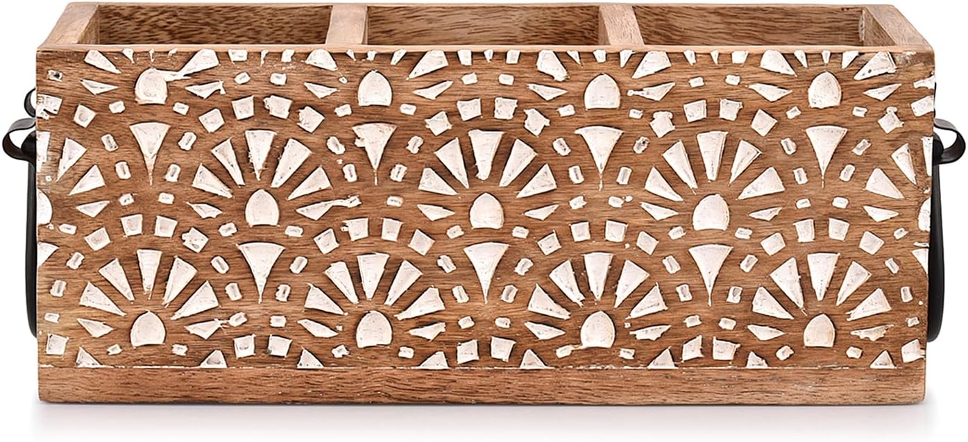 NIRMAN Estante multiusos de madera de mango con 3 compartimentos para cubiertos, servilletas, tazas (11 x 4 x 4.5 pulgadas)