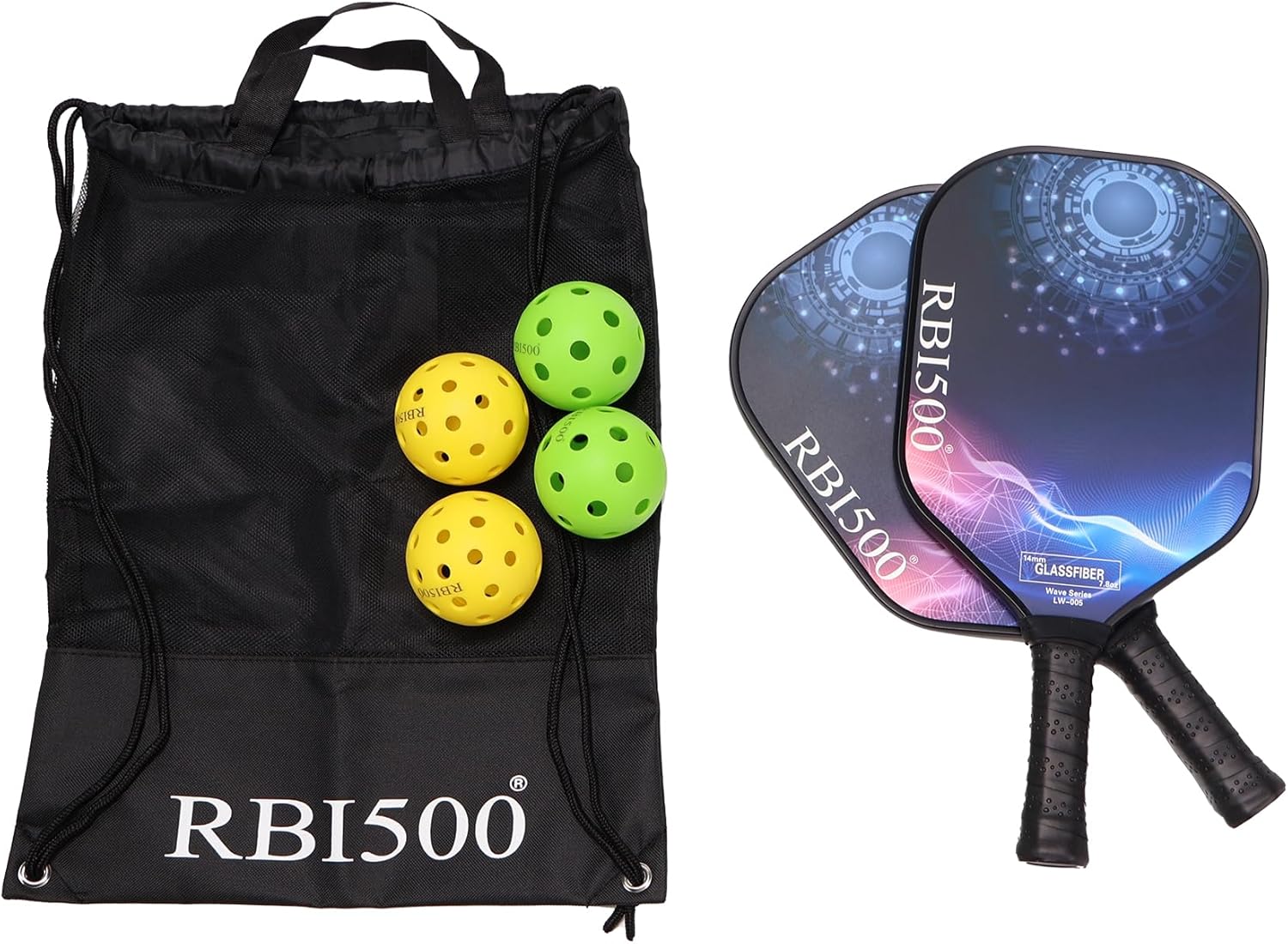 RBI500 Paletas de pickleball, juego de 2 raquetas de fibra de vidrio para principiantes, 2 para exteriores + 2 bolas de pepinillo para interiores