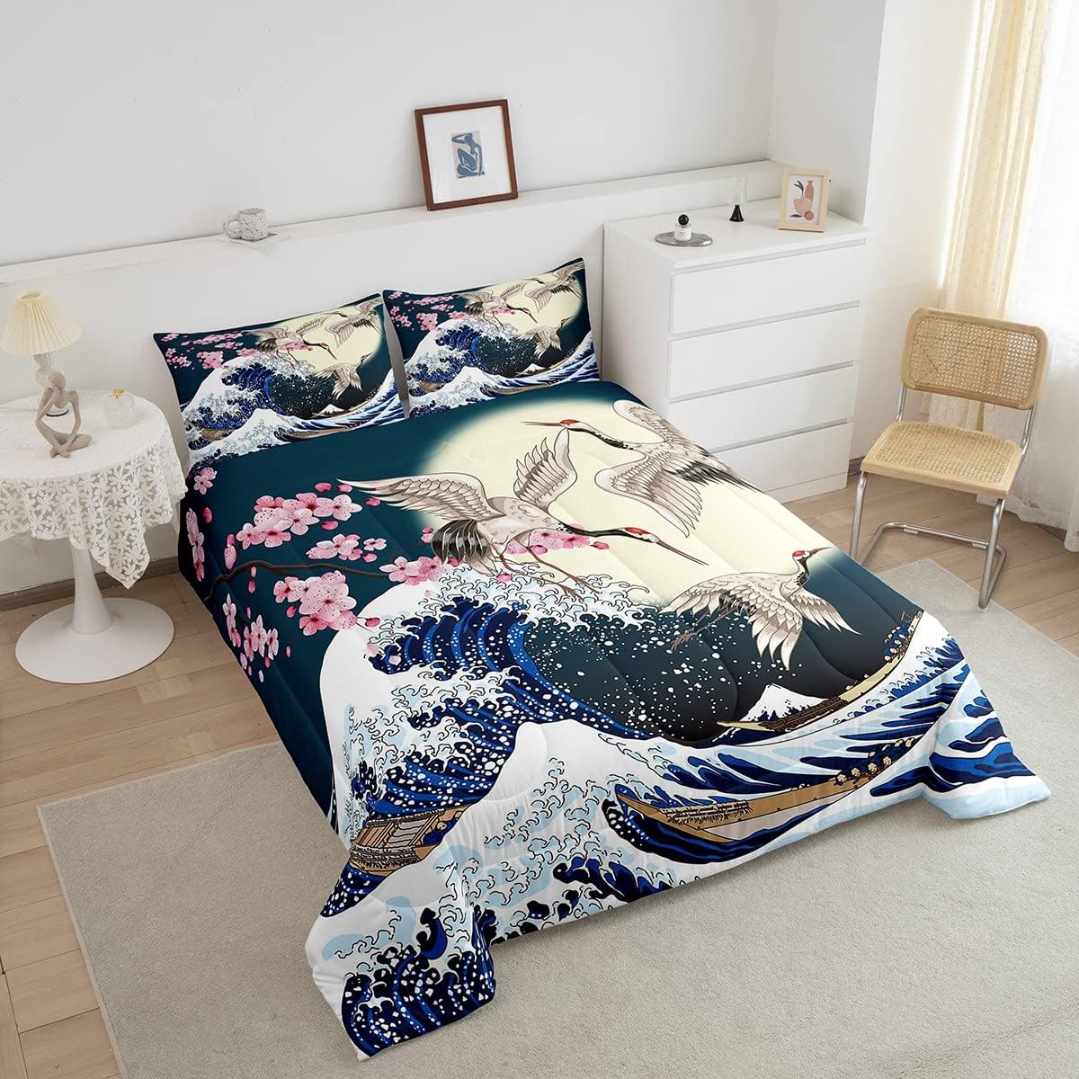 Erosebridal Juego de edredón de estilo japonés, tamaño King, estampado de grulla de cerezo para niños, niñas y mujeres, decoración de dormitorio,