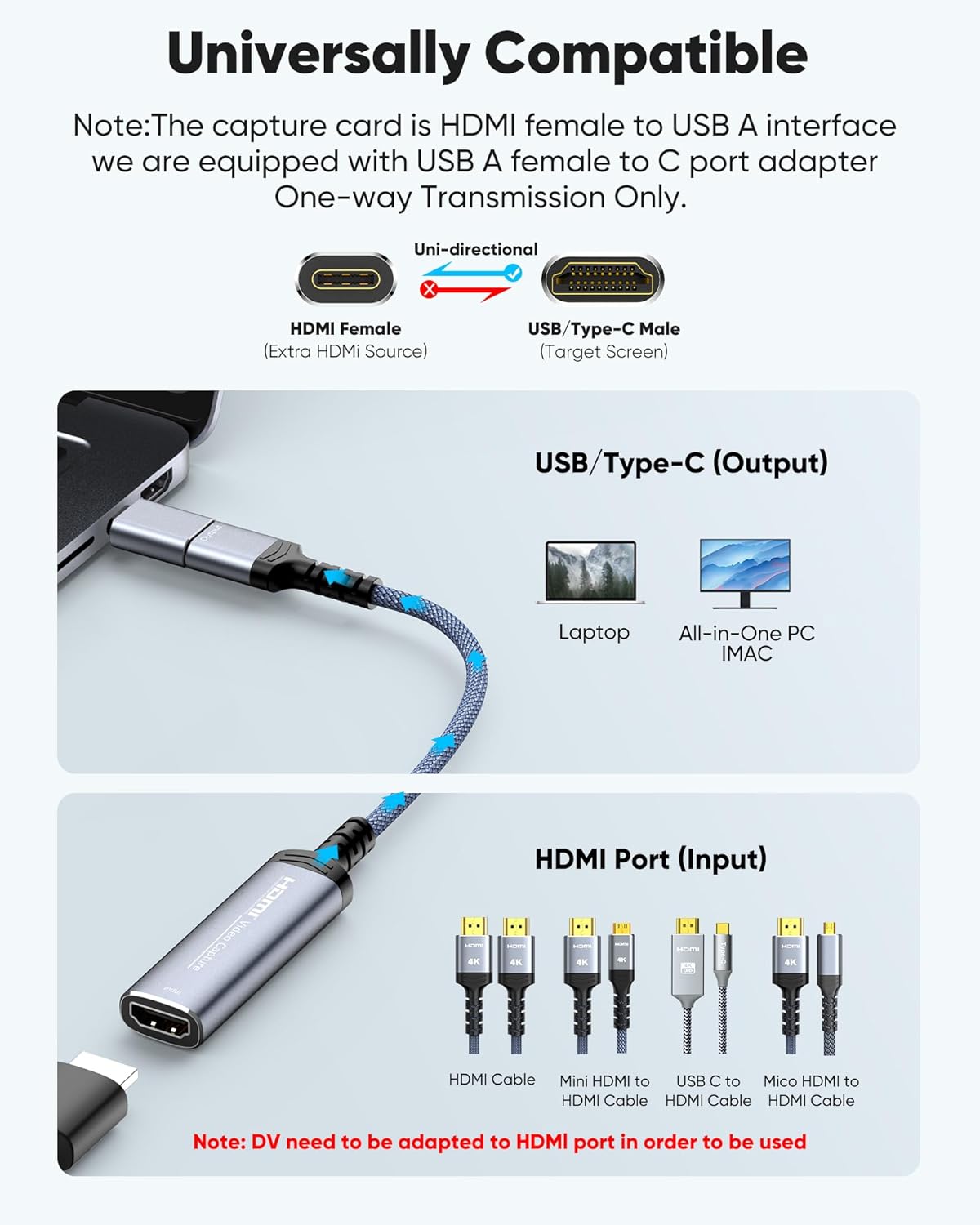 Highwings Tarjeta de captura de video, 4K HDMI a USB ATipo-C 1080P 60FPS dispositivo adaptador de captura de video, captura de video USB para