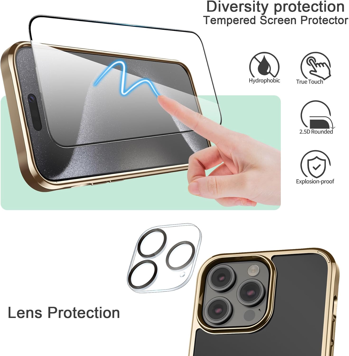 Foluu Funda ultradelgada para iPhone 15 Pro de 6.1 pulgadas con protector de pantalla de vidrio templado y protector de lente de cámara, chapado