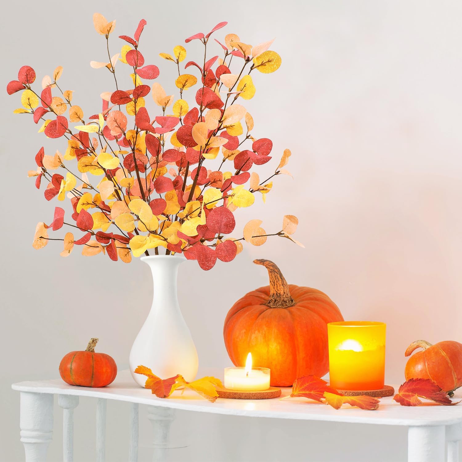 Sawowkuya 6 hojas artificiales de eucalipto de otoño, hojas de otoño, arreglos florales de otoño falsos, tallos florales de otoño, tallos de otoño