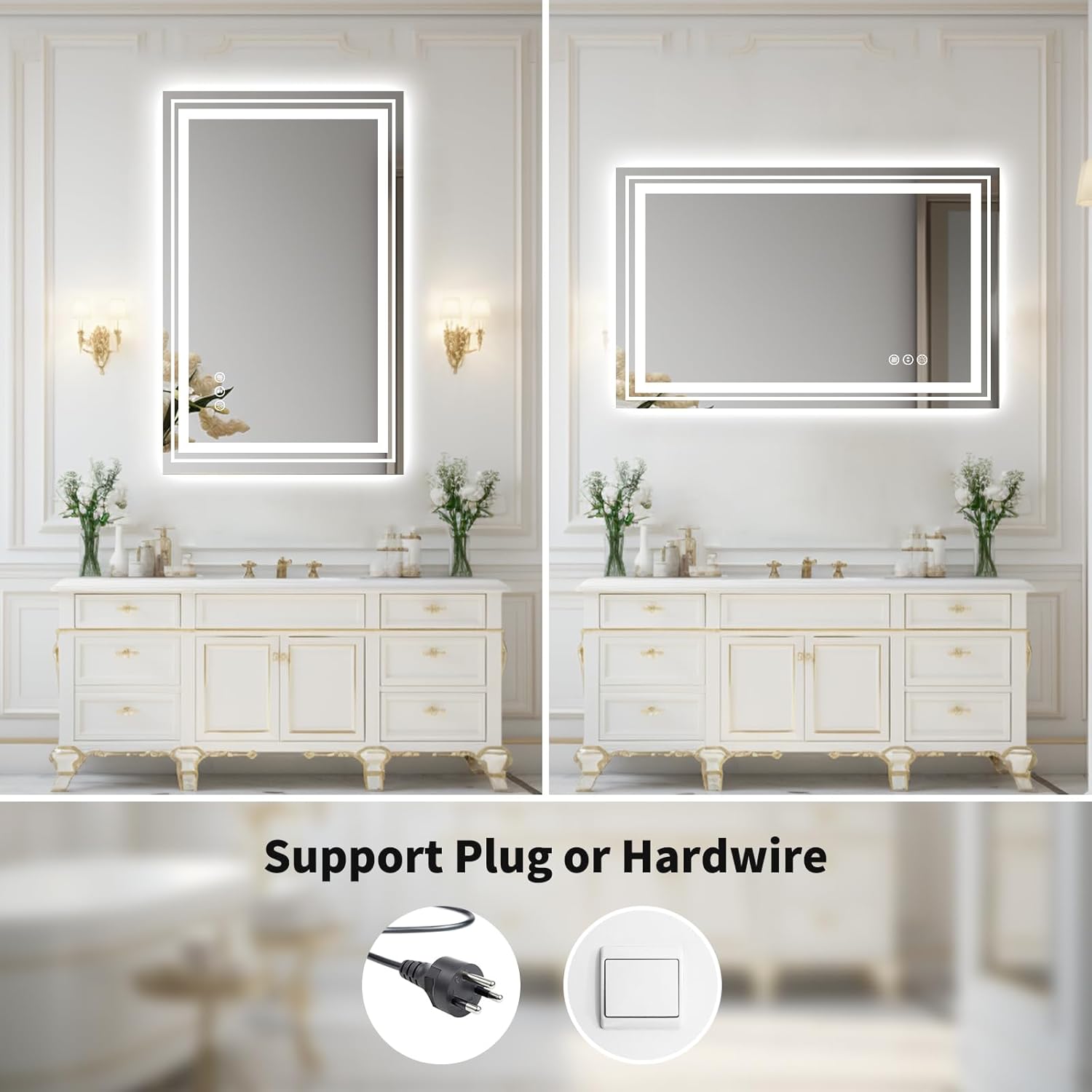 WTTY Espejo de baño LED de 60 x 36 pulgadas con luces, retroiluminado y frontal iluminado, espejo de tocador de baño montado en la pared, espejo de