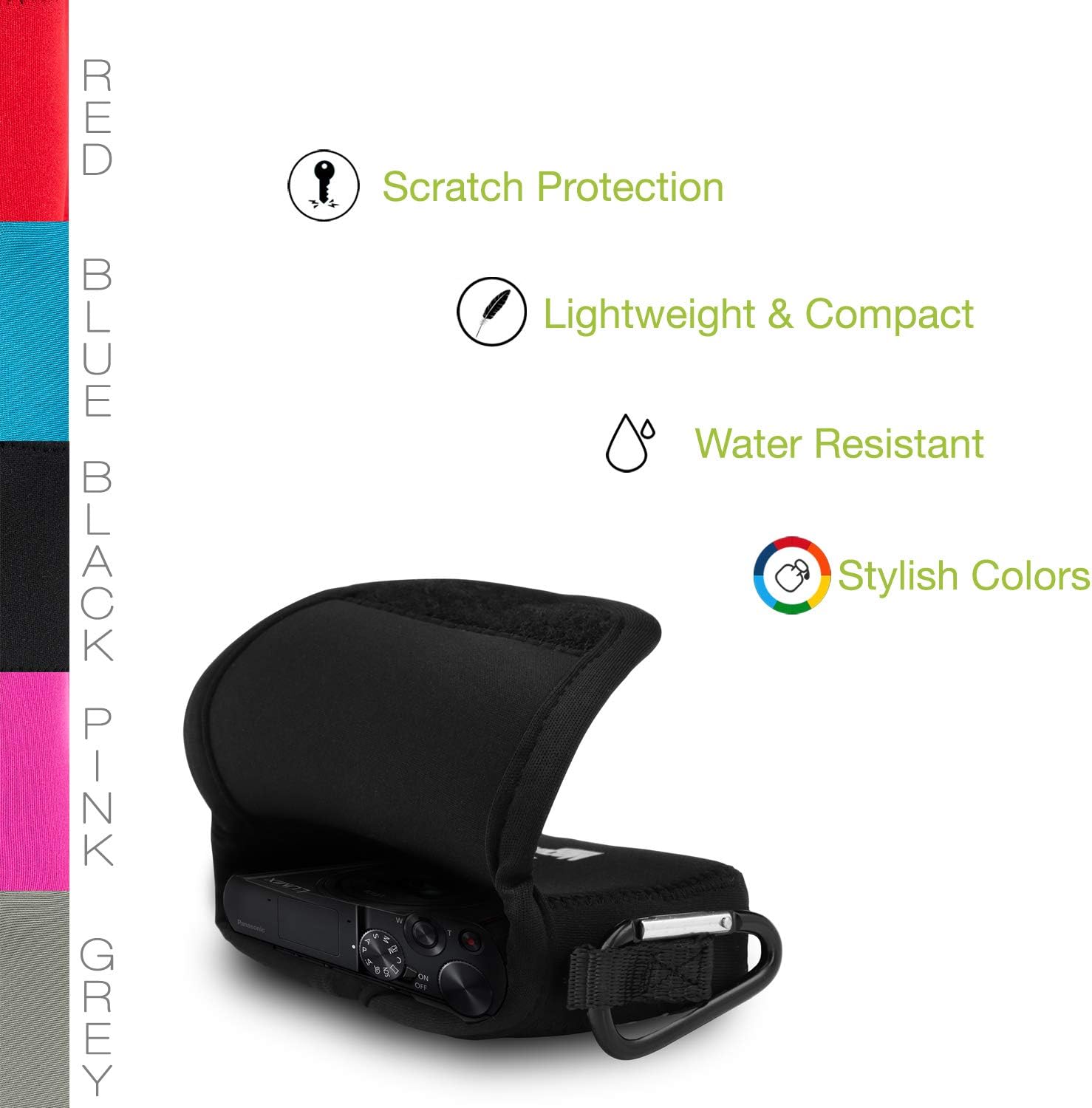 MegaGear Panasonic Lumix DC-ZS200, TZ200, Leica C-Lux – Funda de neopreno ultra ligera, con mosquetón, color negro