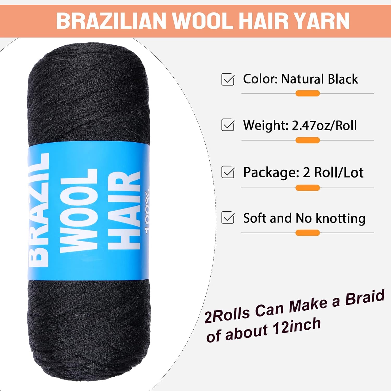 2 piezas de pelo brasileño negro natural de lana para trenzas, acrílico tejido a mano para trenzar el cabello, extensiones de cabello sintético,