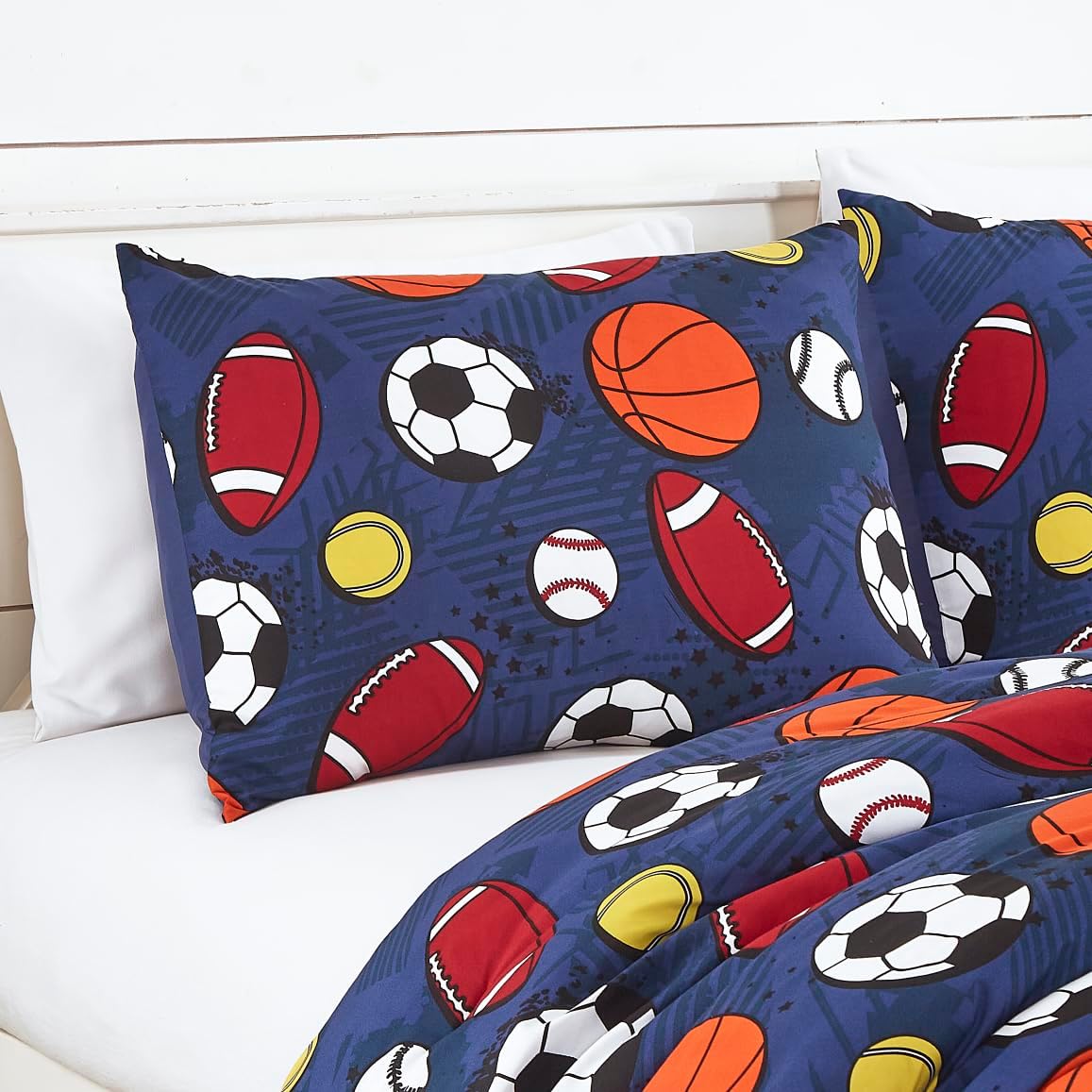 Chezmoi Collection Juego de edredón de 4 piezas con diseño de pelotas deportivas para niños, tamaño matrimonialqueen, microfibra suave, azul marino,