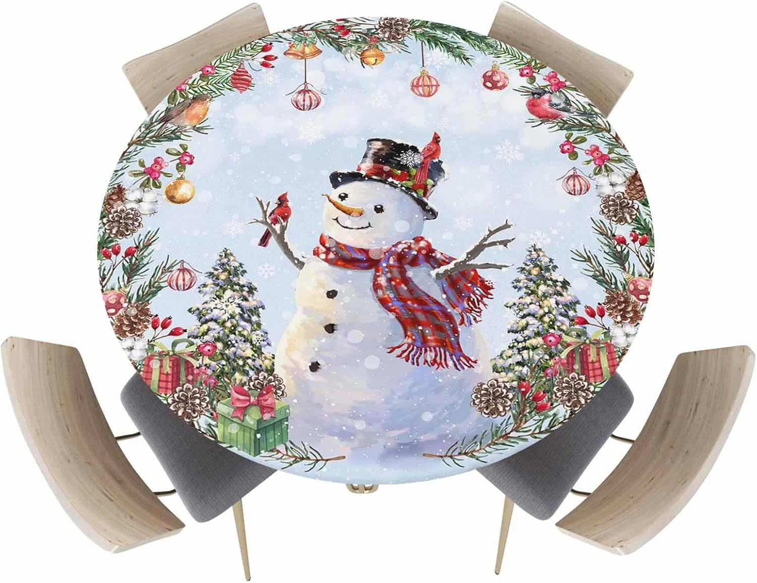 Mantel redondo ajustable de Navidad con diseño de muñeco de nieve, diseño de corona de regalo de Navidad, mantel negro impermeable para una mesa