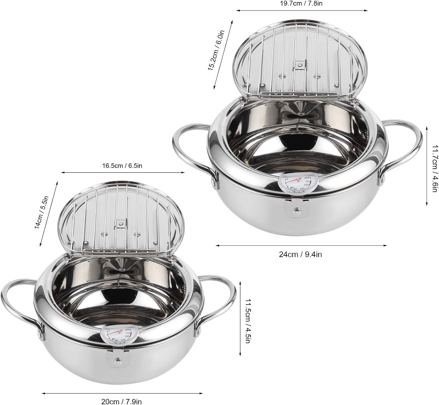 Olla pequeña con termómetro Fahrenheit, olla freidora, freidora de acero inoxidable 304 con rejilla de drenaje de aceite para papas fritas, pescado