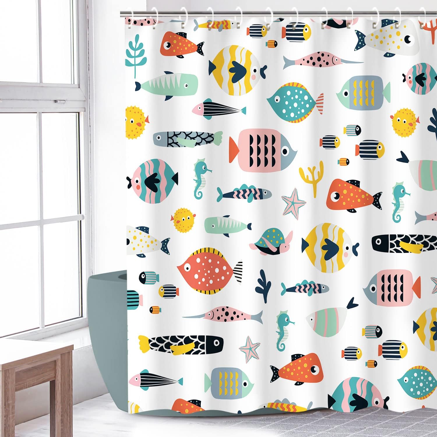 RosieLily Cortina de ducha con diseño de peces, cortina de ducha de dibujos animados, juego de cortina de ducha náutica con 12 ganchos, decoración