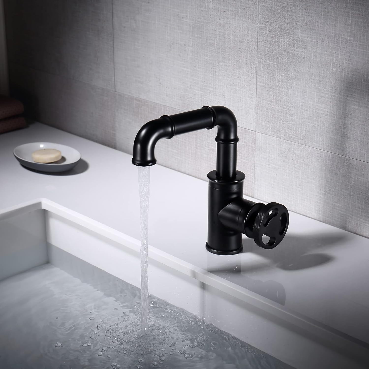 Grifo de tocador de baño negro mate para fregadero de 1 agujero, estilo vintage, estilo industrial, grifo de lavabo de baño, boquilla giratoria de