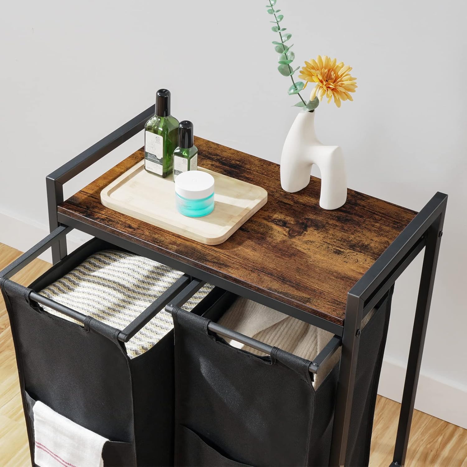 Cesta de lavandería, clasificador de ropa sucia de 2 secciones, cesta de lavandería con ruedas, carrito rodante, bolsas de tela Oxford extraíbles y