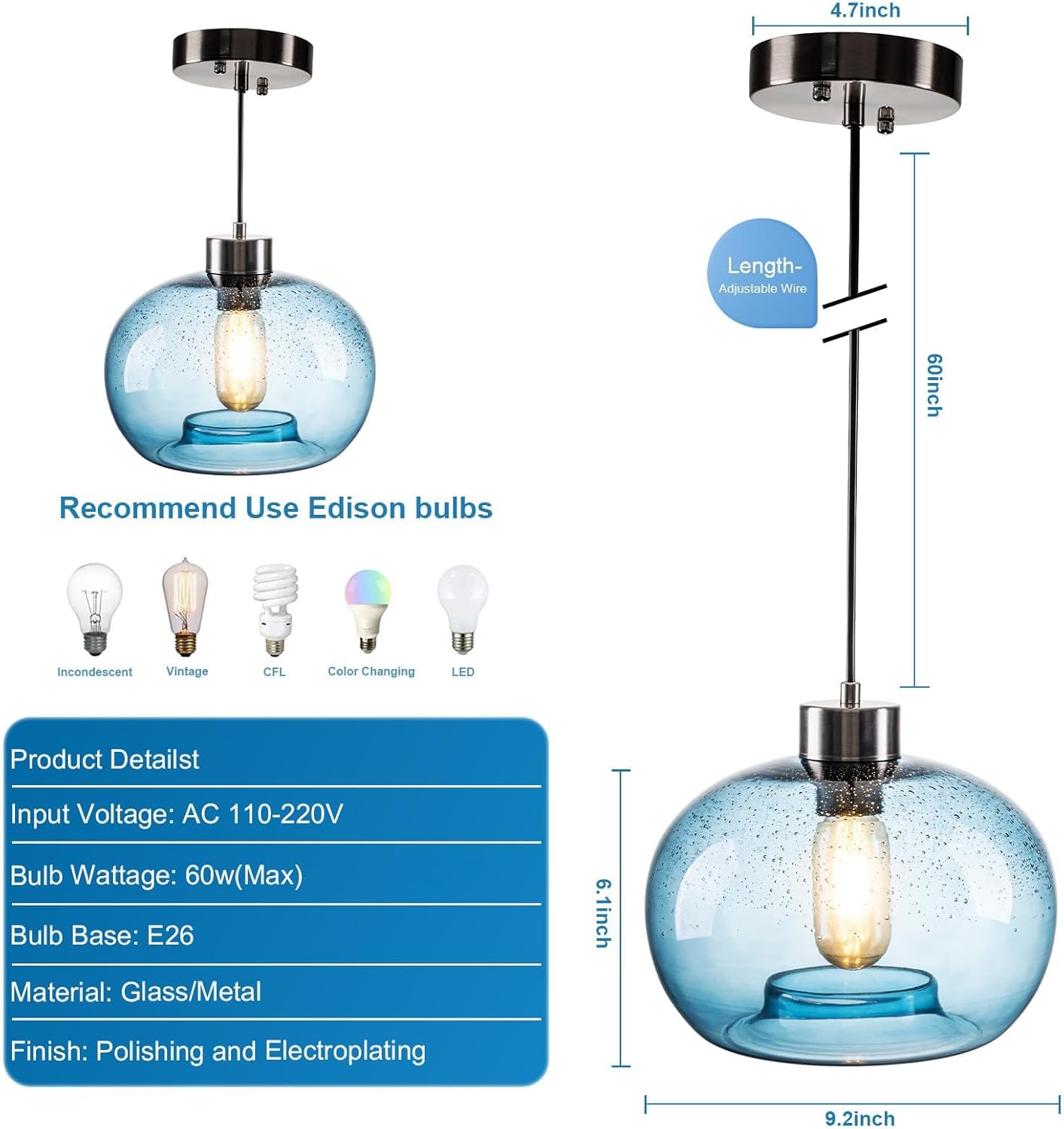 Luces colgantes para isla de cocina, accesorios de iluminación de vidrio soplado a mano, lámpara colgante de techo moderna de granja, vestíbulo,