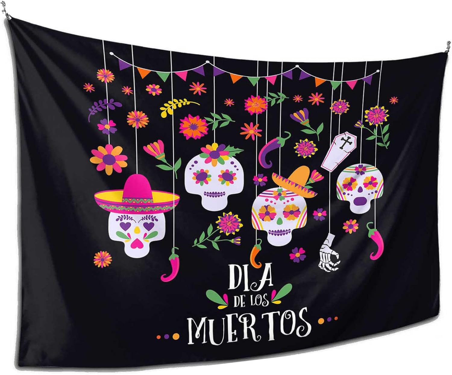 Pznen Tapiz del Día de los Muertos para colgar en la pared, diseño de calavera con diseño de flores, fondo negro grande, 60 x 80 pulgadas, fondo