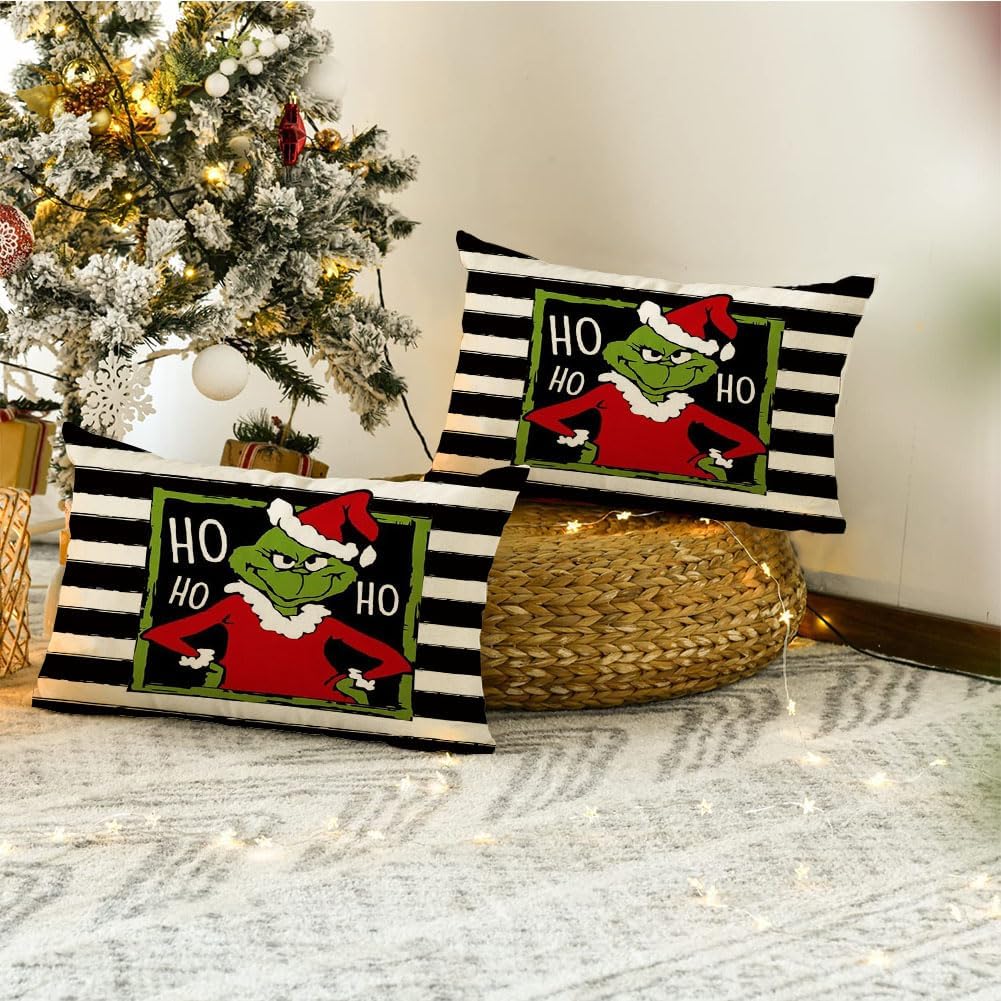 RABUSOFA Fundas de almohada del Grinch de 12 x 20 pulgadas, fundas de almohada decorativas de Navidad del Grinch, fundas de cojín lumbar de rayas