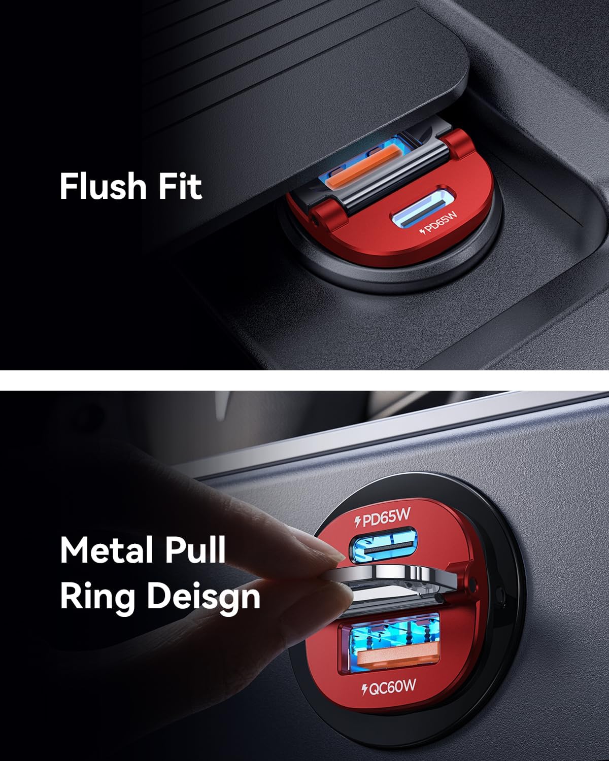MRGLAS Cargador de coche USB C de 125 W, Mini y Metal Adaptador de cargador de coche USB C de carga rápida PD65W y QC60W de doble puerto tipo C