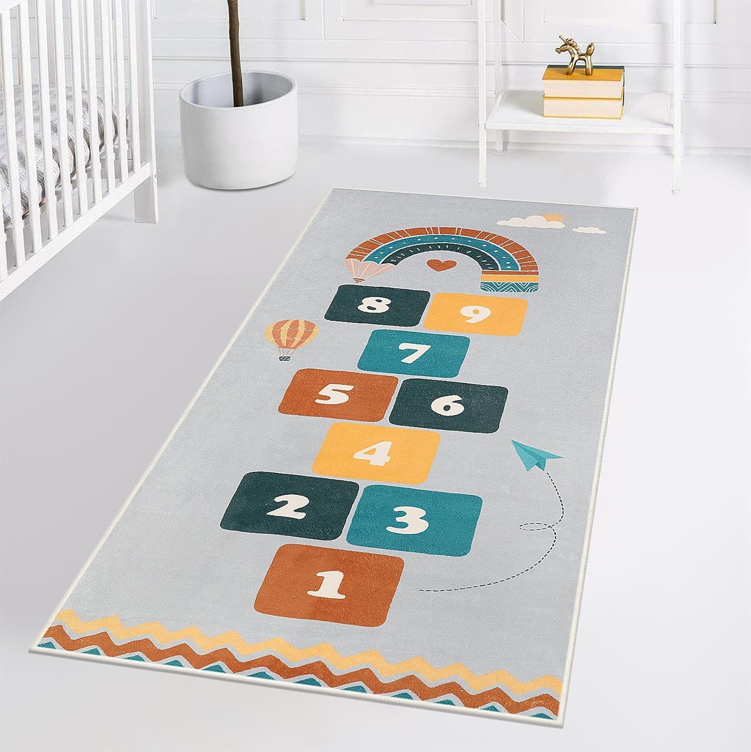 STARUIA Alfombra gris Hopscotch para niños para sala de juegos, alfombra antideslizante lavable para habitación de los niños, alfombra suave y