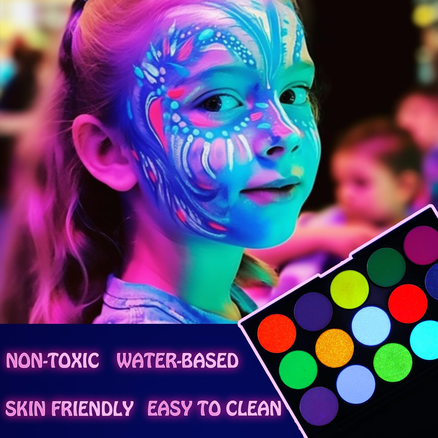 Pintura facial UV brillante, paleta de sombra de ojos de neón de 15 colores, pintura facial a base de agua con luz negra UV para niños, paleta de