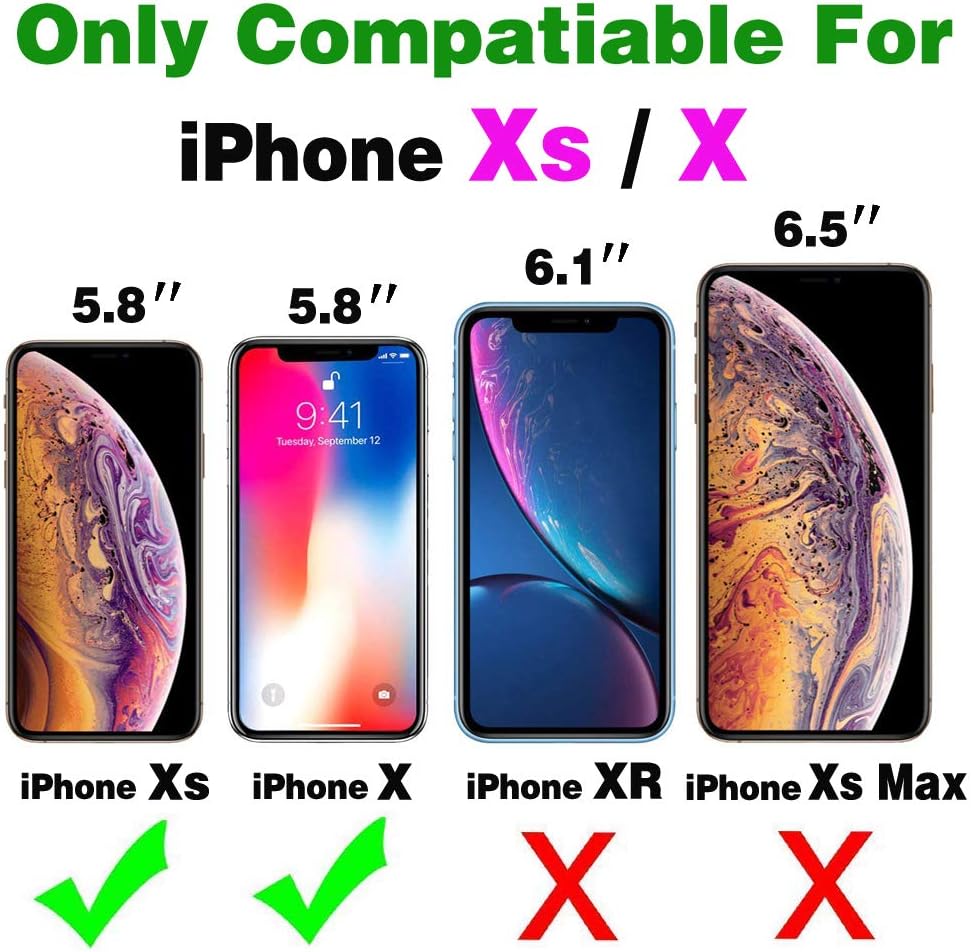 Asuwish Funda de teléfono para iPhone Xs X 10 10s Funda tipo cartera con protector de pantalla de vidrio templado y correa para la muñeca con