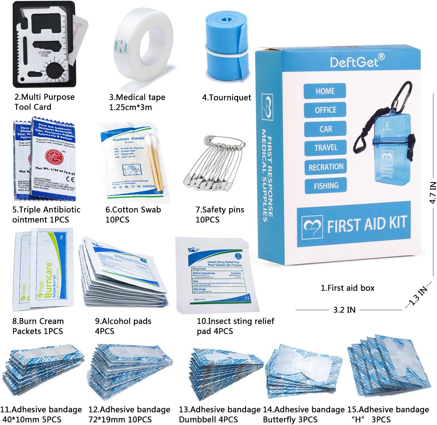 DEFTGET Kit de primeros auxilios a prueba de agua, artículos esenciales de viaje, elegibles para HSAFSA, pequeños kits de supervivencia de