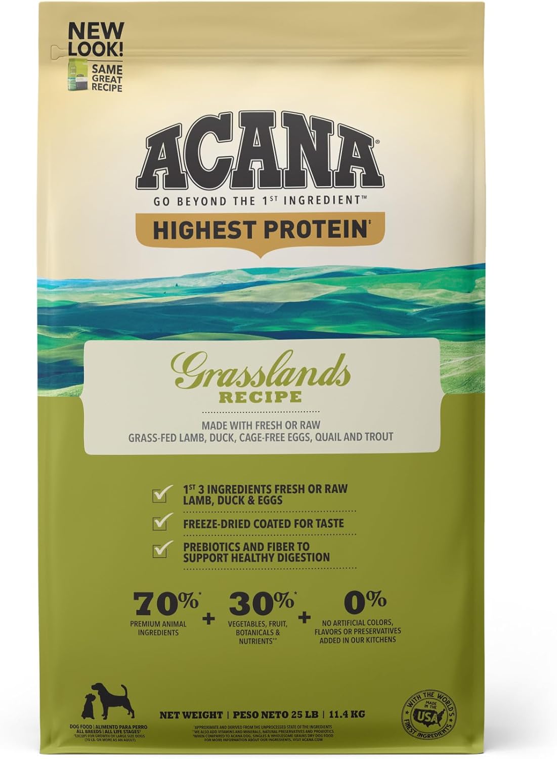 ACANA Alimento seco para perros Highest Protein Receta de pastizales, cordero y pato, 25 libras