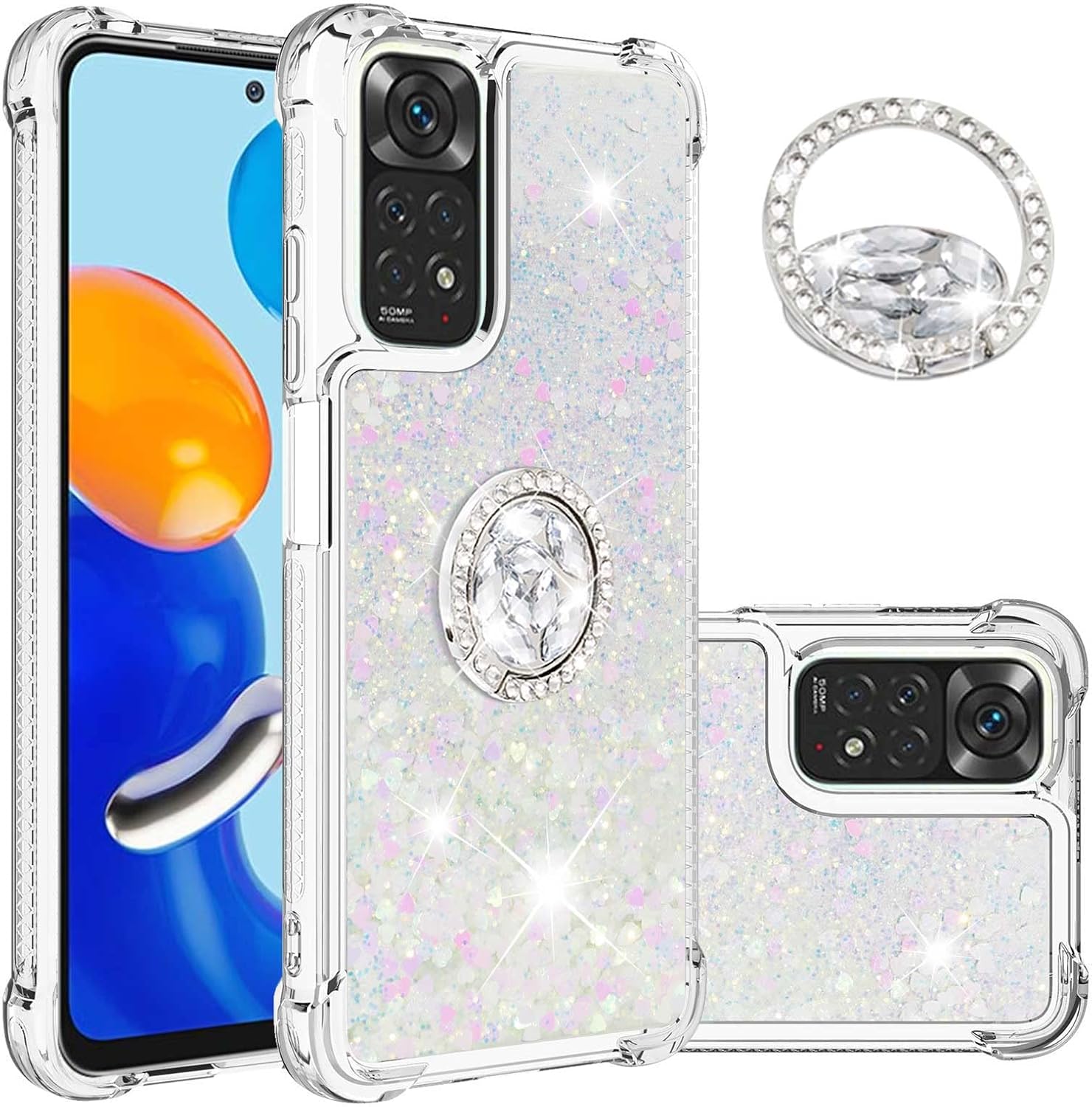 CCSmall Funda con purpurina para Xiaomi Redmi Note 11 4G con soporte para anillo, Bling Sparkle Flotante Líquido Suave TPU Cojín Moda Transparente