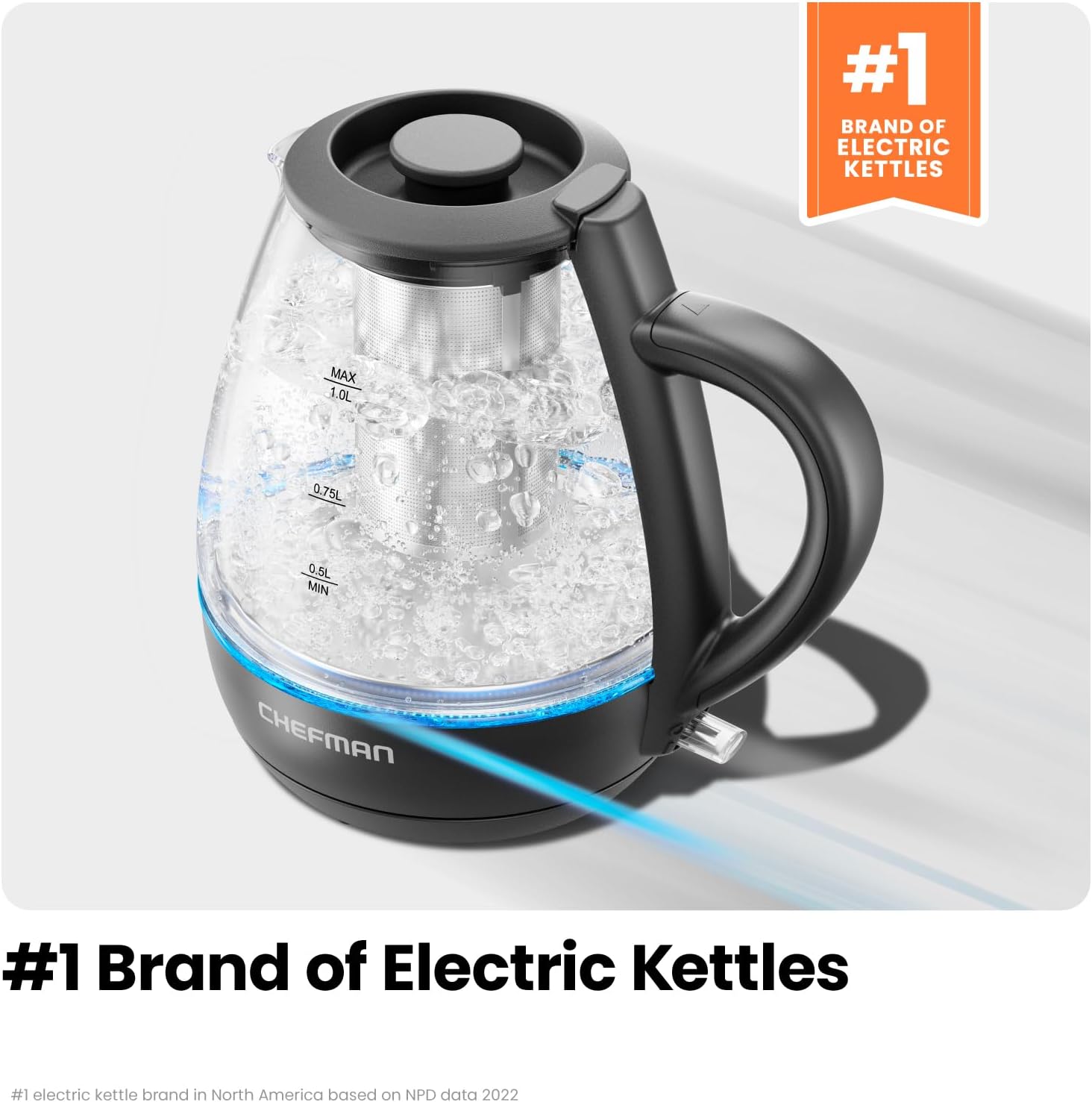 Chefman Hervidor eléctrico con infusor de té, 1 litro, 1500 W, tapa extraíble para una fácil limpieza, protección contra hervido y seco, filtro de