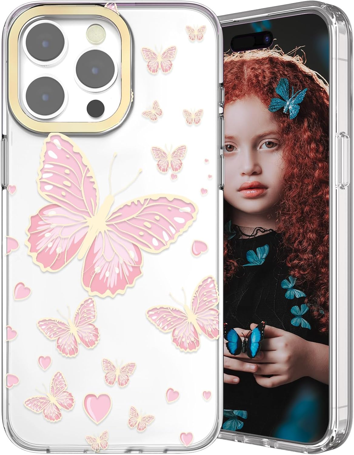 Funda transparente con purpurina para iPhone 15 Pro para mujeres y niñas, mariposas doradas, bonito patrón en forma de corazón, ajuste delgado,