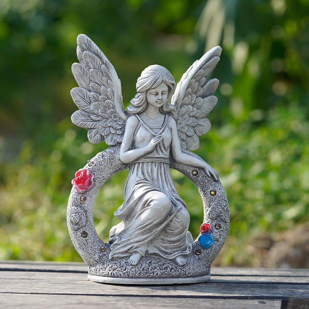 Estatuas solares de jardín de ángeles, 8 luces LED, figuras de ángel, decoración de arte al aire libre para jardines, mamá, patios, balcones,
