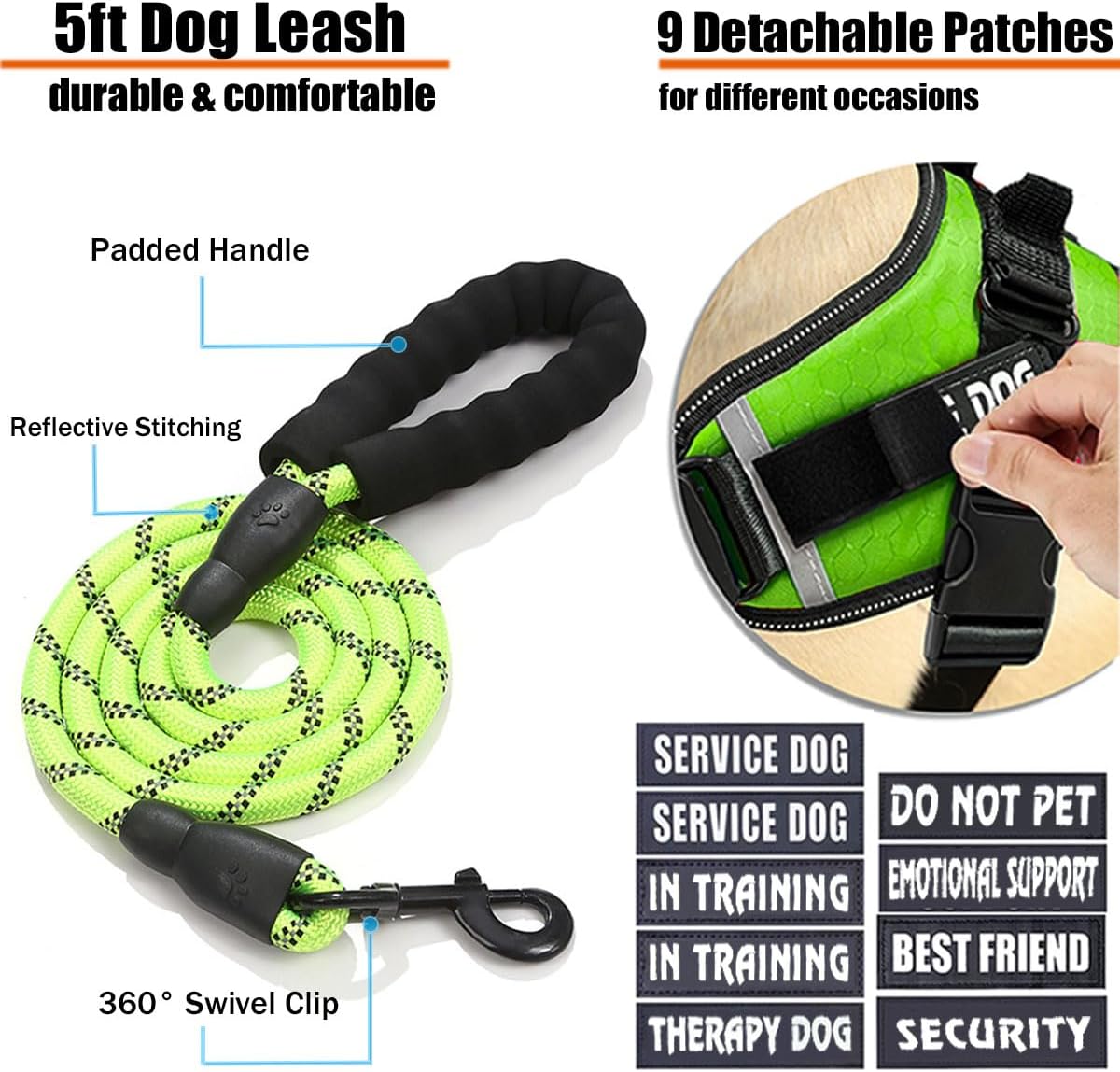 Chaleco de servicio para perro, 9 parches para perros, arnés y correa para perro con asa, arnés de chaleco para mascotas fácil de poner y quitar con