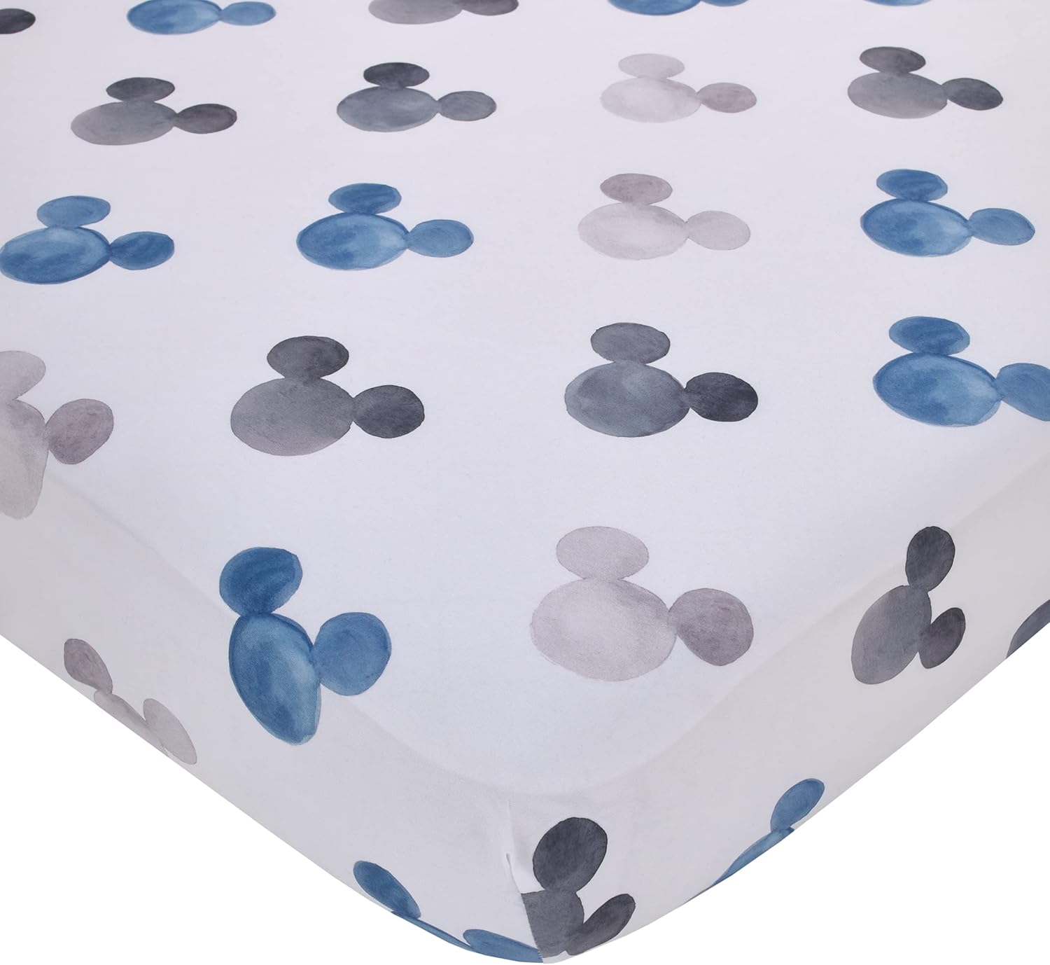 Disney Mickey Mouse – Sábana bajera ajustable de poliéster con orejas de Mickey en acuarela negra, blanca y azul