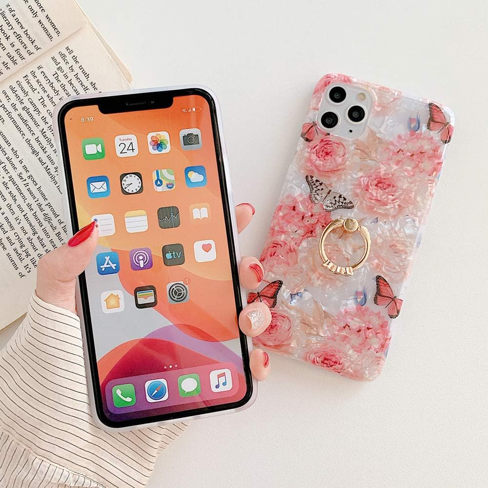 Qokey Funda para iPhone Xs Max, funda transparente con diseño de flores, linda moda para mujeres y niñas, con soporte de anillo giratorio de 360